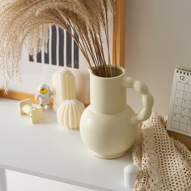 轻奢法式提手奶壶花瓶陶瓷花器摆件客厅餐桌样板间插花装饰ins风