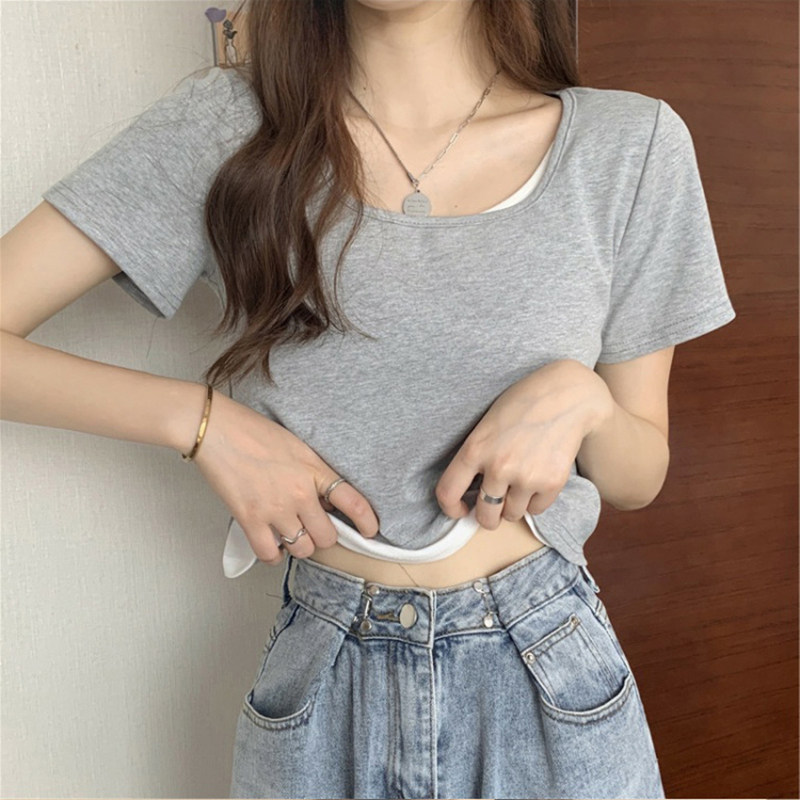 FAKE TWO-PIECE SHORT-SLEEVED T-SHIRT WOMENS SUMMER 2023 NEW DESIGN SENSE NICHE SWEET COOL HIGH-WAISTED CROPPED TOP INS TREND
