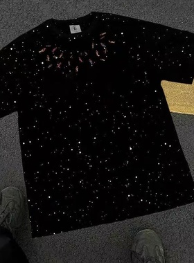 清仓捡漏~外贸尾货余货100%纯棉美式满天星短袖T恤男宽松圆领亮片