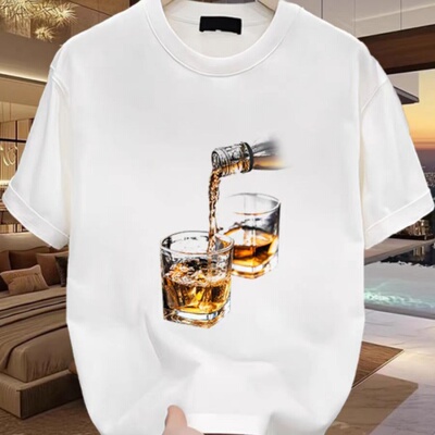 清仓捡漏~外贸尾货余货100%纯棉潮牌酒杯印花短袖T恤男宽松夏季