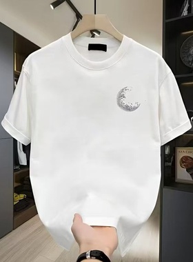 清仓捡漏~外贸尾货余货100%纯棉男士宽松短袖t恤夏季潮流简约月亮