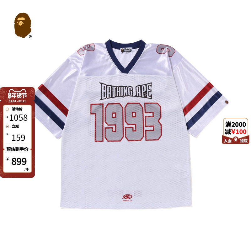 BAPE男装春夏字母数字图案条纹网面V领运动衫短袖T恤109013K