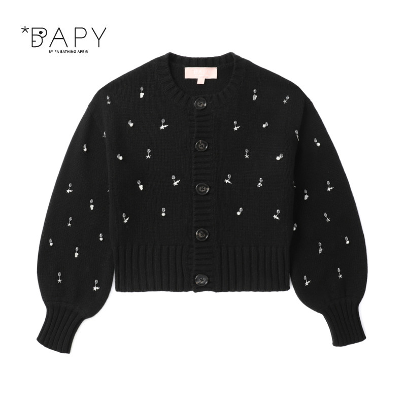 BAPY珠饰短款灯笼袖针织开衫图片