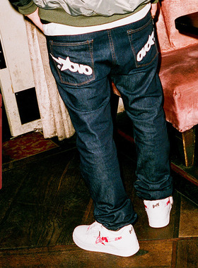 BAPE X OVO联名男装秋冬字母星星徽标图案牛仔长裤150901J