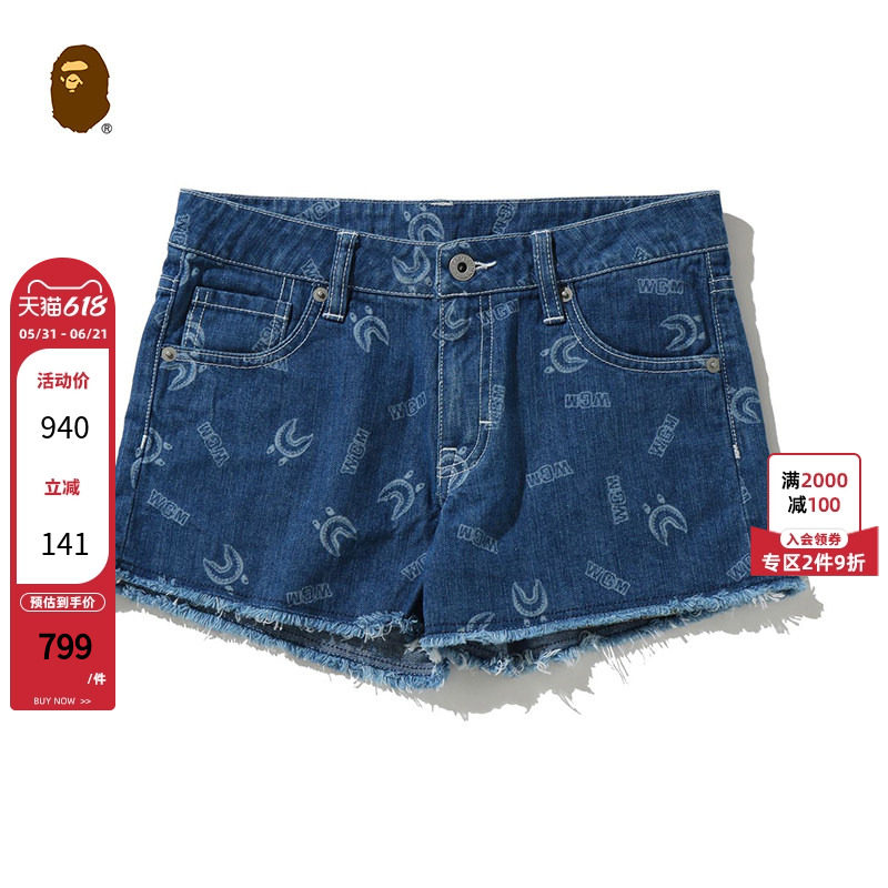 BAPE童装春夏满幅鲨鱼WGM字母图案牛仔短裤651502G