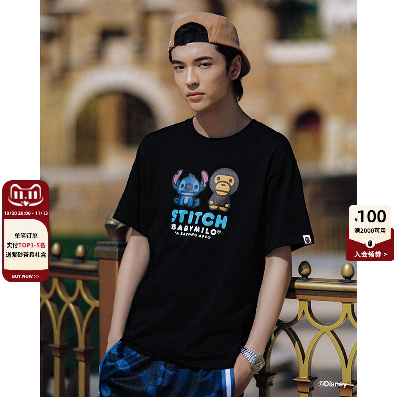 BAPE X STITCH联名男装秋冬迪士尼史迪奇卡通小猴短袖T恤916101R