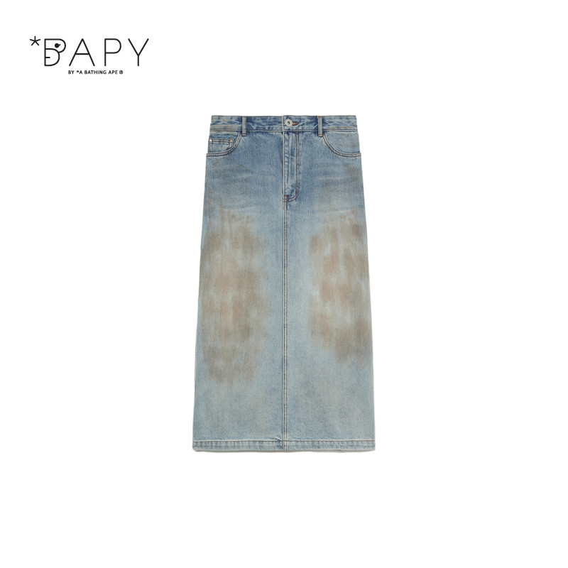BAPY脏染水洗做旧牛仔半身长裙