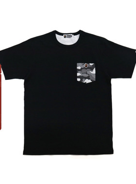 BAPE男装秋冬猿人徽章条纹迷彩图案拼接短袖T恤109002H