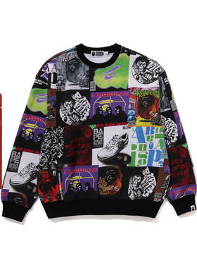 BAPE男装秋冬满印猿人黑胶唱片图案拼接圆领卫衣X13053L