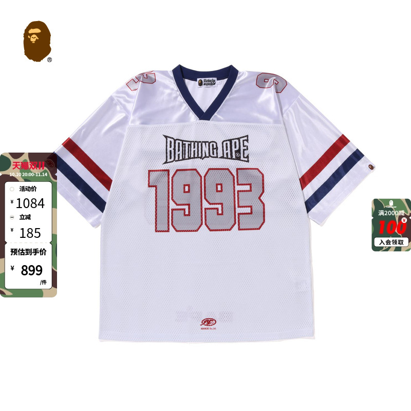 BAPE男装春夏字母数字图案条纹网面V领运动衫短袖T恤109013K