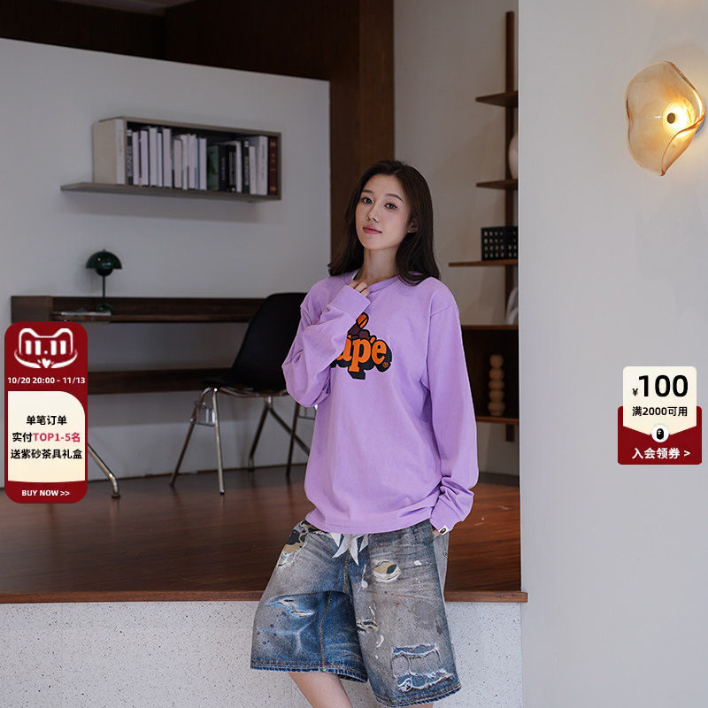 BAPE男装秋冬BABY MILO卡通小猴字母印花长袖T恤X05111R