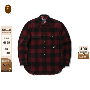 BAPE 24年秋冬星标刺绣格纹双口袋羊毛长袖 衬衫 T8102MD BLACK男装