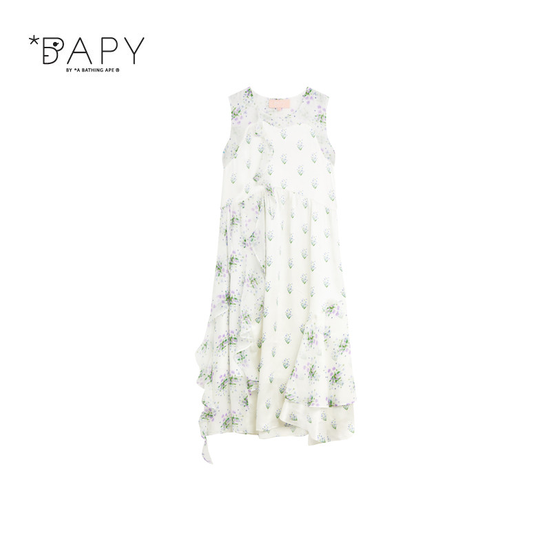 BAPY碎花不对称荷叶边无袖连衣裙