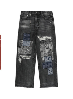 BAPE BLACK男装24年秋冬日式刺子绣拼接布牛仔破洞牛仔裤150302N