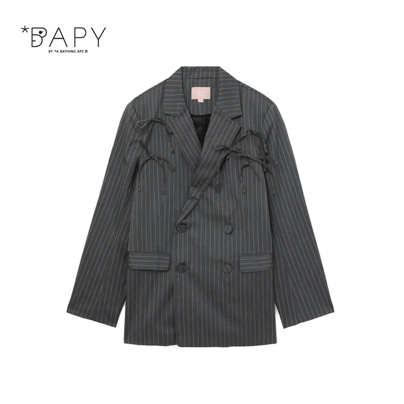 BAPY蝴蝶结条纹双排扣西装外套