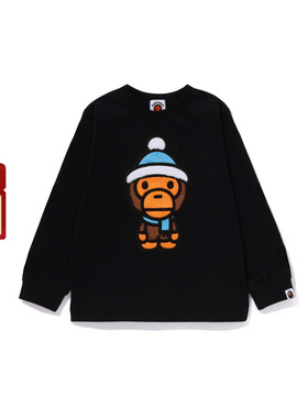 BAPE童装25年秋冬绒面卡通小猴BABY MILO图案长袖T恤205113P
