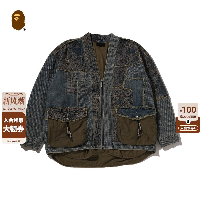BAPEBLACK刺子绣牛仔和服夹克