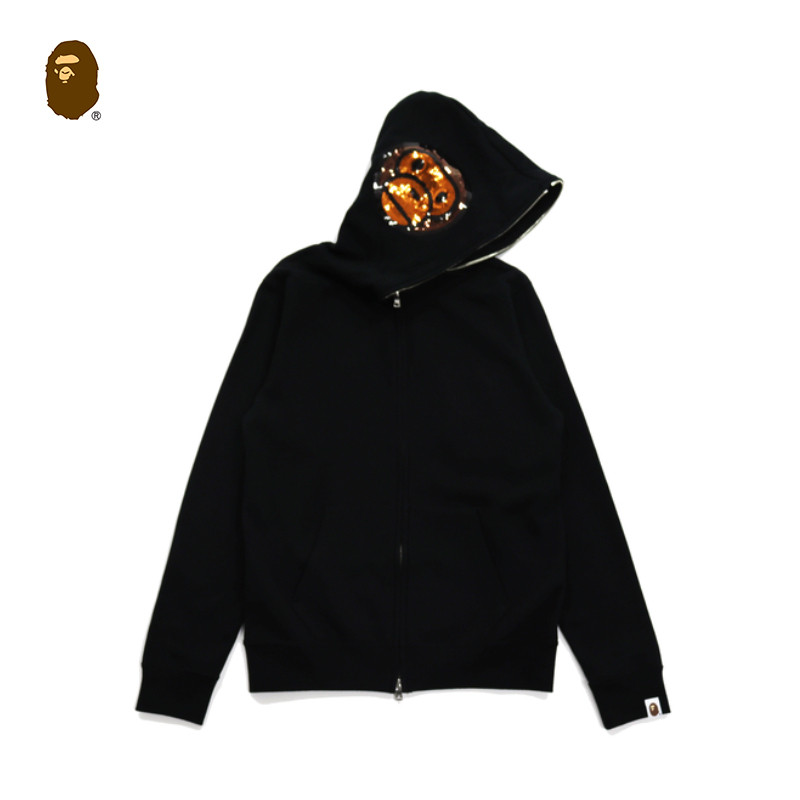 BAPE女装秋冬卡通BABY MILO香蕉亮片字母印花连帽卫衣外套215508H