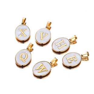 不锈钢精美时尚仿贝镀彩椭圆字母吊坠手链项链饰品diy配件材料包