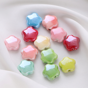 陶瓷亮面纯色五瓣花珠通孔散珠diy编织手链手绳项链串珠饰品材料