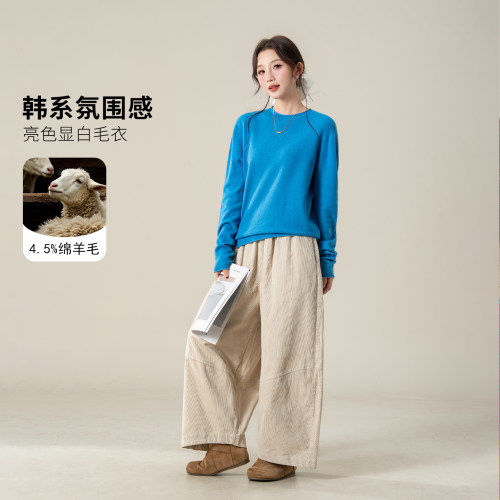 韩系显白蓝色慵懒圆领针织毛衣女