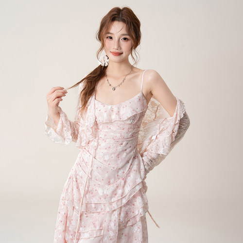 【温婉柔逸】荷叶边碎花吊带裙