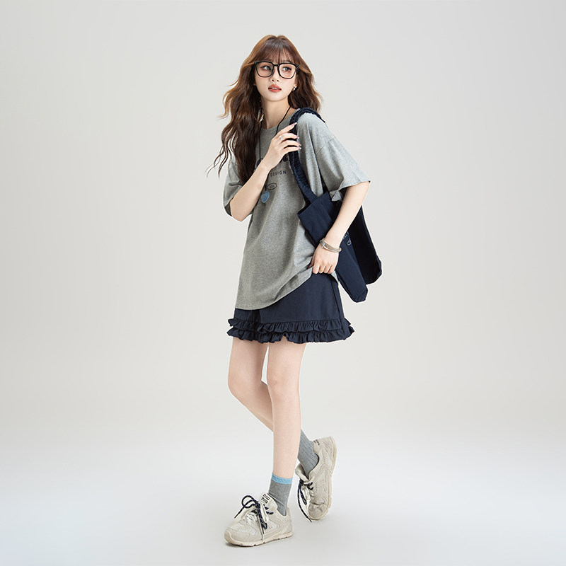 美式复古灰色短袖T恤两件套女2026夏季新款高腰短裙蓬蓬裙两件套