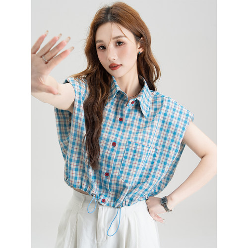 美式复古短款无袖格子衬衫女夏季
