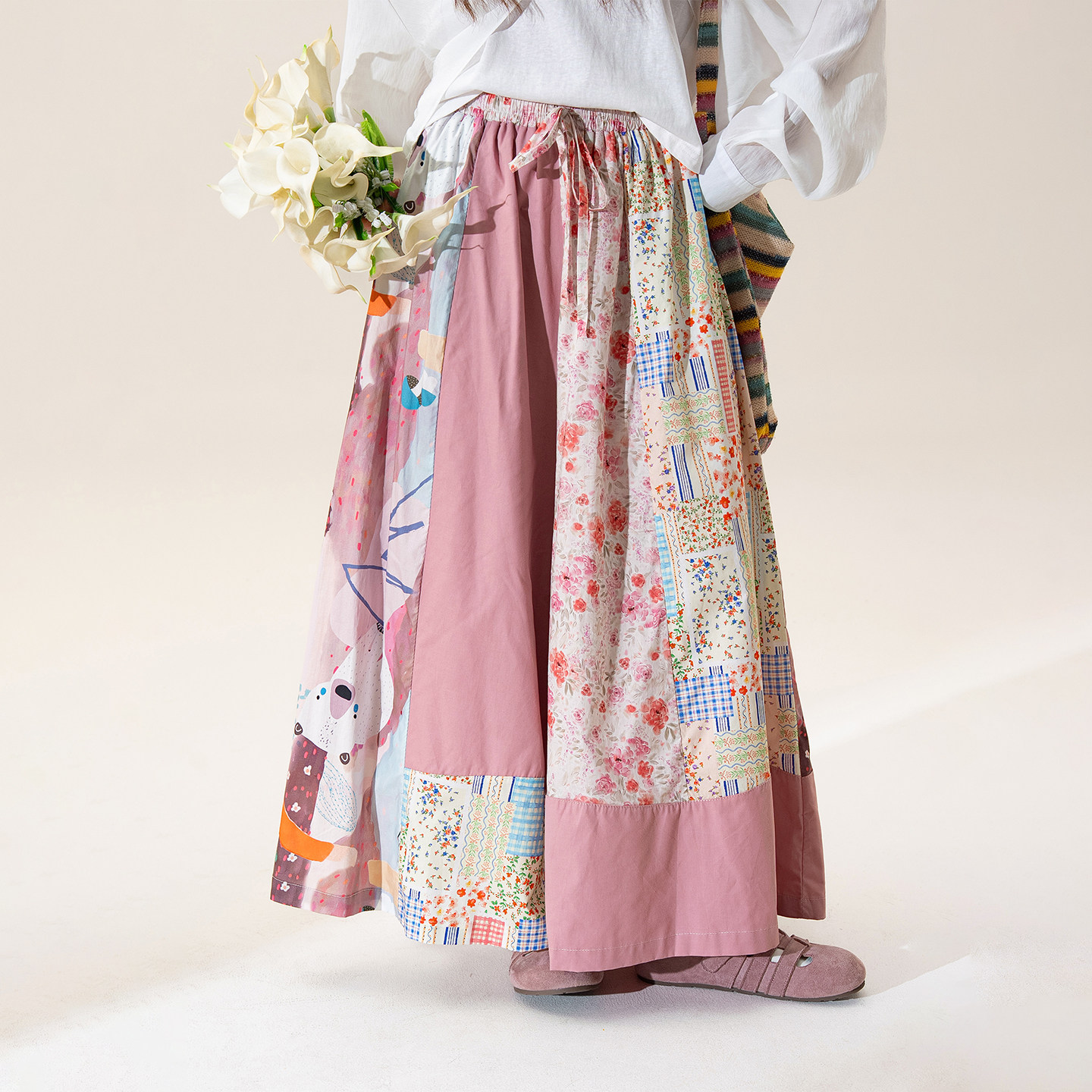 【烟皴百衲】粉色碎花拼接阔腿裙裤女春季新款宽松垂感休闲长裤子