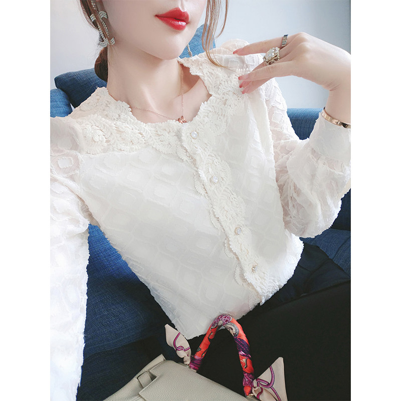 尚维洛2020秋季新款方领蕾丝打底衫重工绣花长袖衬衫法式上衣女