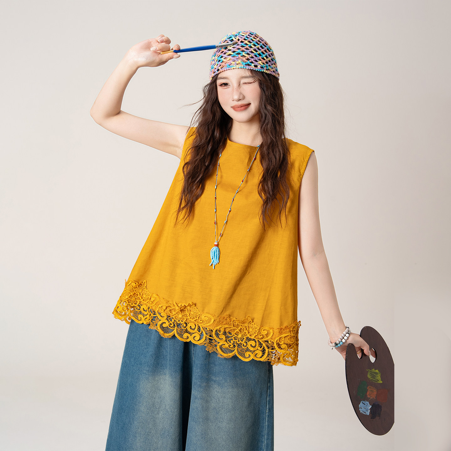 【色彩旧梦】姜黄色刺绣花边背心女夏季新款宽松显瘦温柔无袖上衣