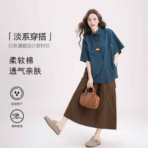 复古港风短袖衬衫女夏季新款