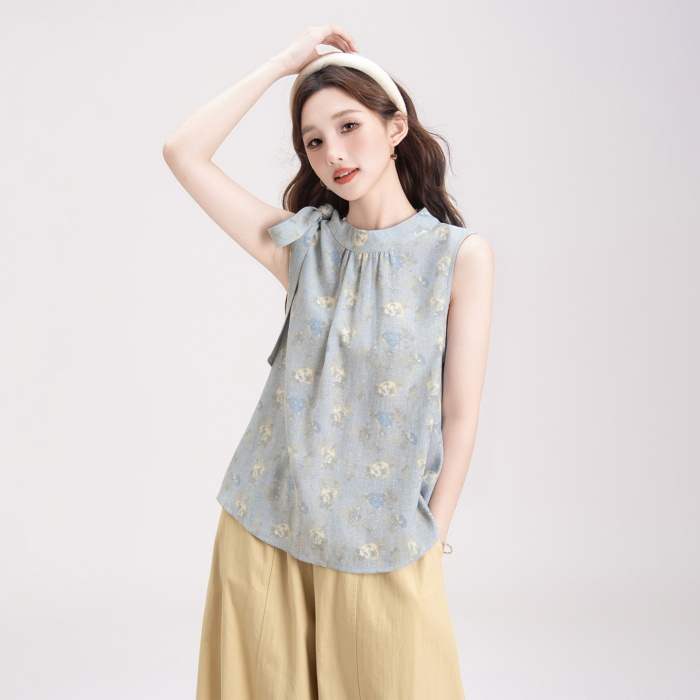 新中式国风碎花扭结背心女夏季新