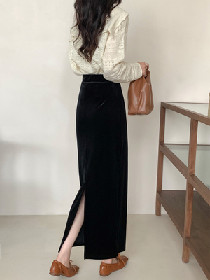 长裙直筒后开叉丝绒半身裙一步裙