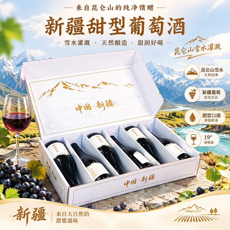 马瑟兰红葡萄酒整箱6瓶新疆甜型利口酒19度国产红酒微醺果酒甜红