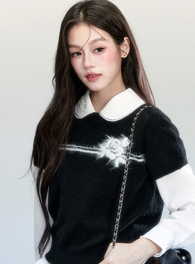 【现货】易碎商店·墨染秋山 小众慵懒感花朵针织短袖叠穿上衣秋