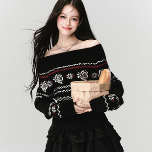 复古费尔岛玫瑰提花一字肩针织毛衣 易碎商店·巴黎甜心 现货