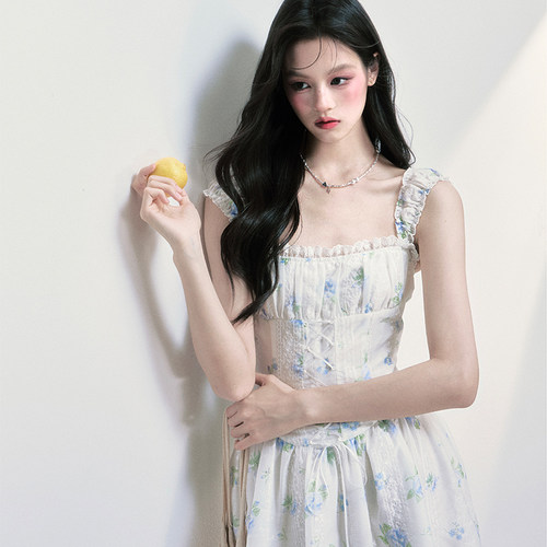 【现货】易碎商店·柠夏序曲 南法假日碎花方领吊带显瘦连衣裙夏