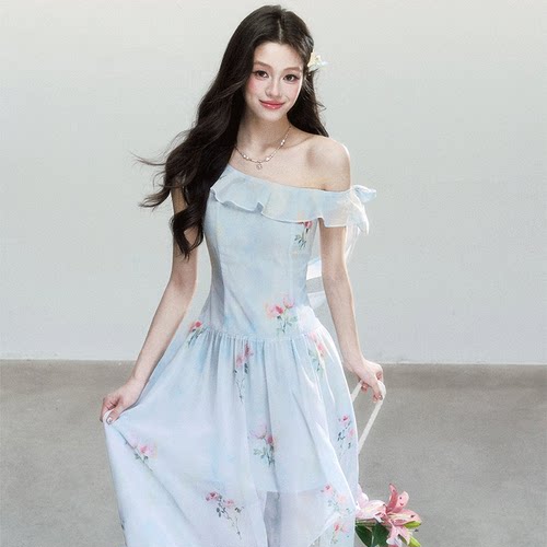FragileHeart斜肩蓝粉玫瑰长裙女
