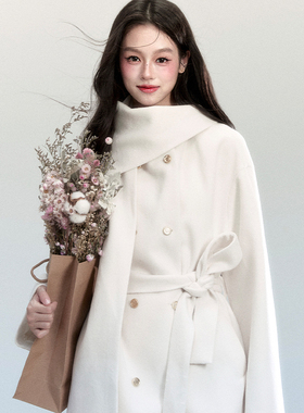 fragileheart易碎商店·雾白初遇 韩系系带气质毛呢外套围巾大衣