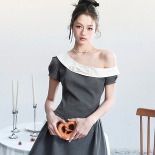 fragileheart易碎商店·韩系千金撞色斜肩连衣裙收腰甜美公主裙春