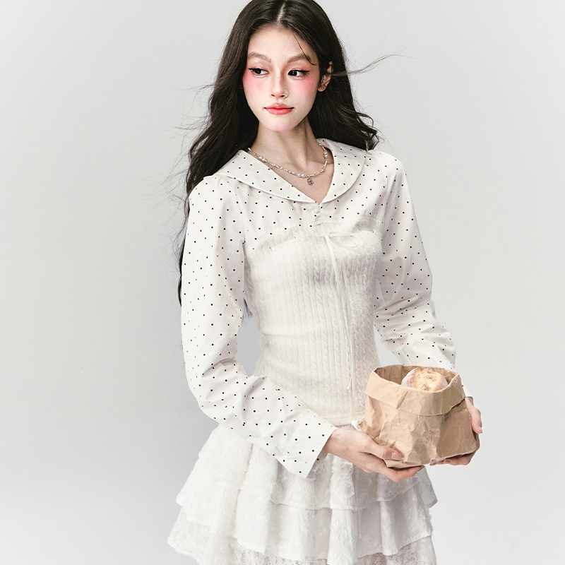 fragileheart易碎商店·海航符号 波点针织上衣海军领拼接衬衫秋