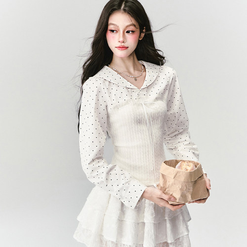 【现货】易碎商店·海航符号 波点针织上衣海军领拼接修身衬衫春