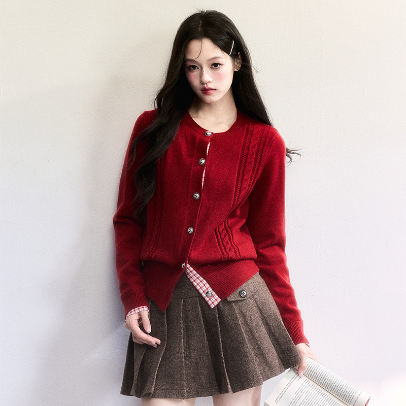 fragileheart易碎商店·红色假两件立体绞花上衣拼接格子针织开衫