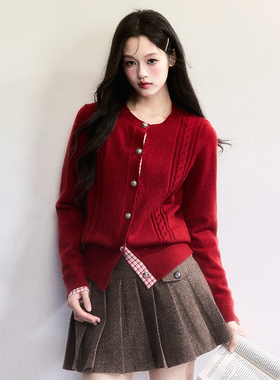 【现货】易碎商店·新年穿搭 复古假两件上衣拼接格子针织开衫女