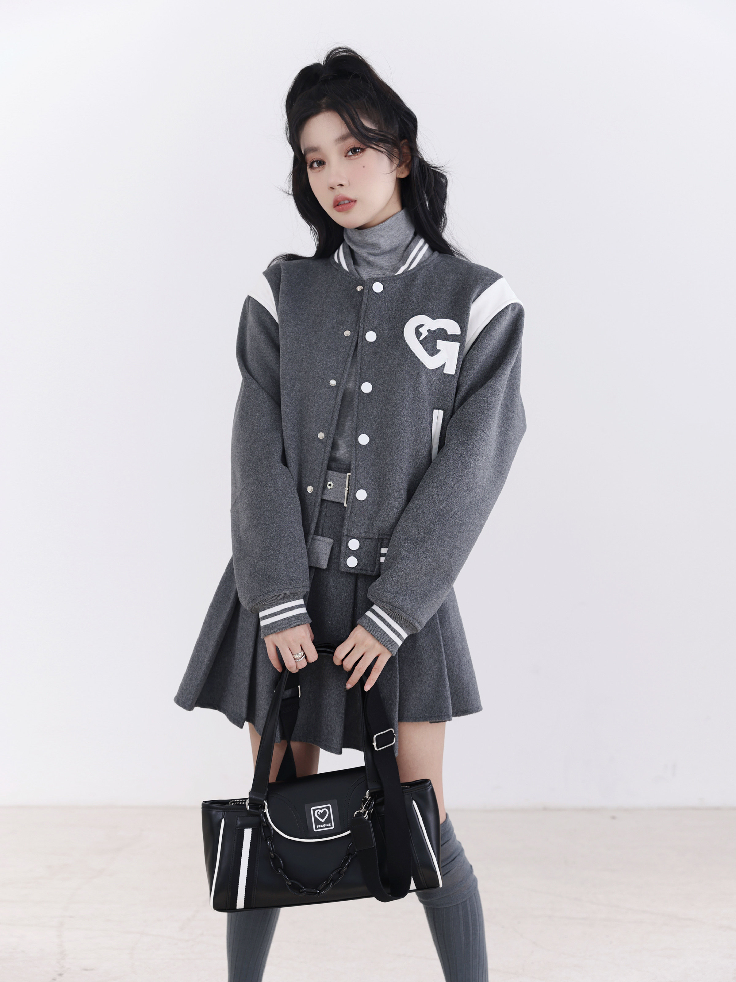 【现货】fragileheart50羊毛 学院风撞色灰色 美式棒球服毛呢外套