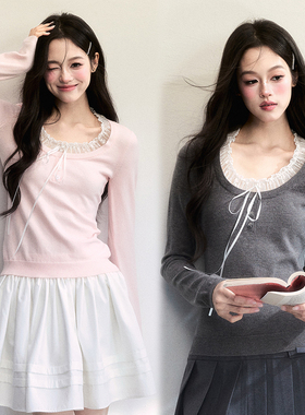 【现货】易碎商店·春雾诗帧 韩系简约百搭T恤蕾丝花边针织衫上衣