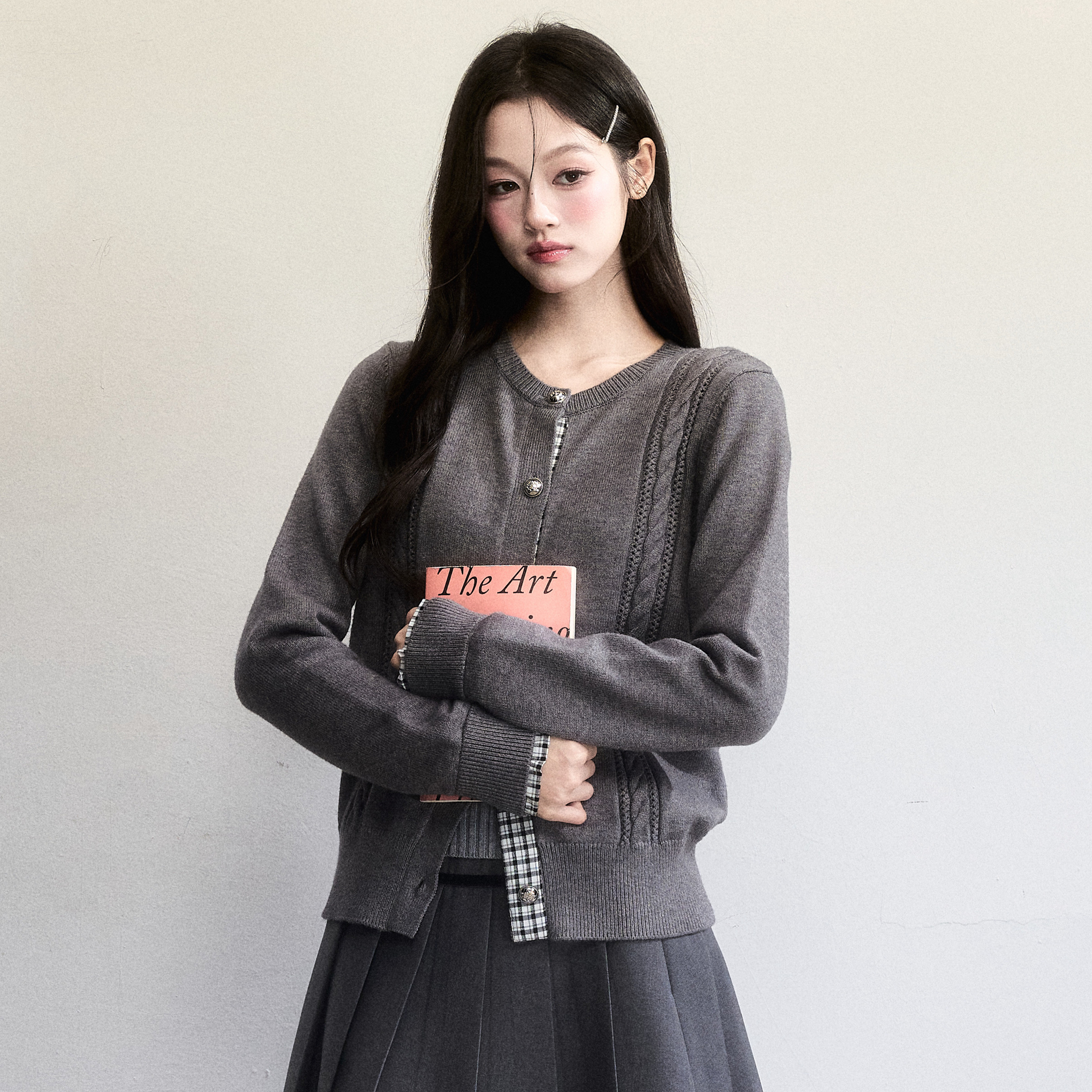 fragileheart易碎商店·假两件立体绞花上衣韩系拼接格子针织开衫