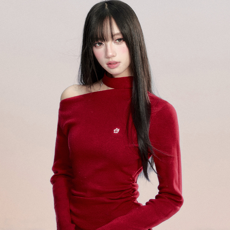 fragileheart易碎商店人气新品·肩畔留霞红色斜肩上衣全棉针织衫