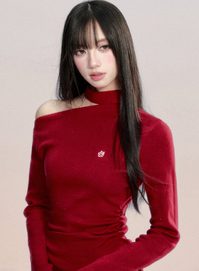 【现货】易碎商店·新年穿搭 复古红色斜肩修身上衣针织衫百搭T恤